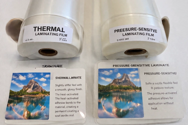 thermal vs pressure sensitive laminating film rolls side by side on a desk