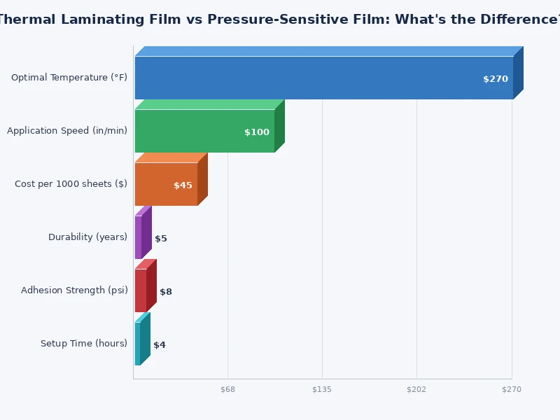 bar chart comparing thermal vs pressure sensitive laminating film across key performance categories