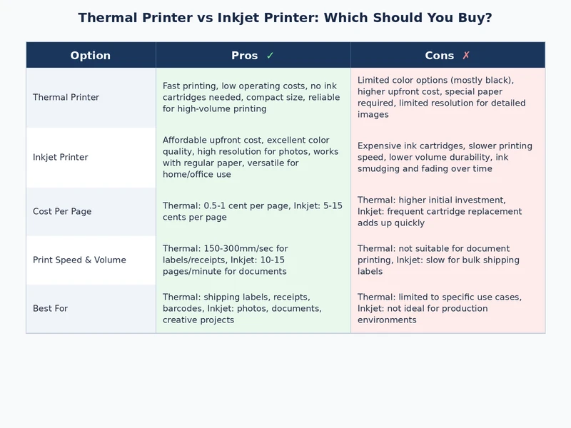 comparison chart showing thermal printer vs inkjet printer running cost and use case differences