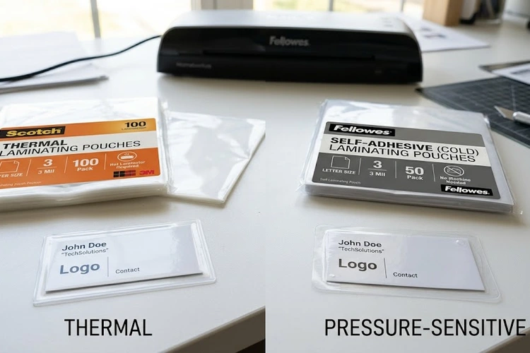 Two types of laminating pouches displayed side by side on a white surface — one labeled thermal and one labeled pressure-sensitive — with sample laminated cards made from each type.