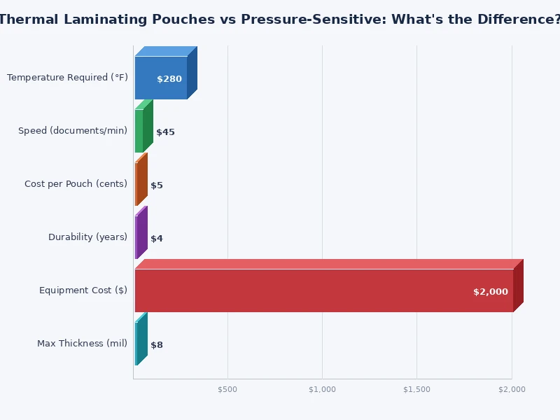 bar chart comparing thermal vs pressure sensitive laminating pouch properties including bond strength durability and cost