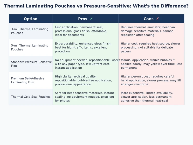visual comparison chart of thermal vs pressure sensitive laminating pouch use cases and compatibility