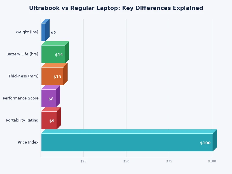 bar chart comparing ultrabook vs regular laptop weight battery life and price