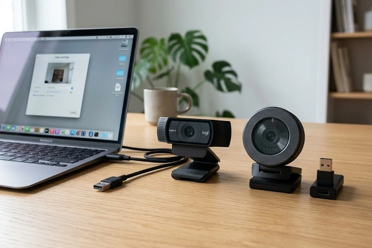 Two webcams on a desk side by side — one with a USB cable connected to a laptop and one with a wireless USB dongle. Clean, minimal tech product photography.