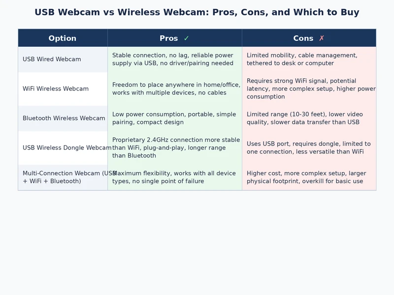 Side-by-side comparison chart of USB webcam vs wireless webcam features and specifications