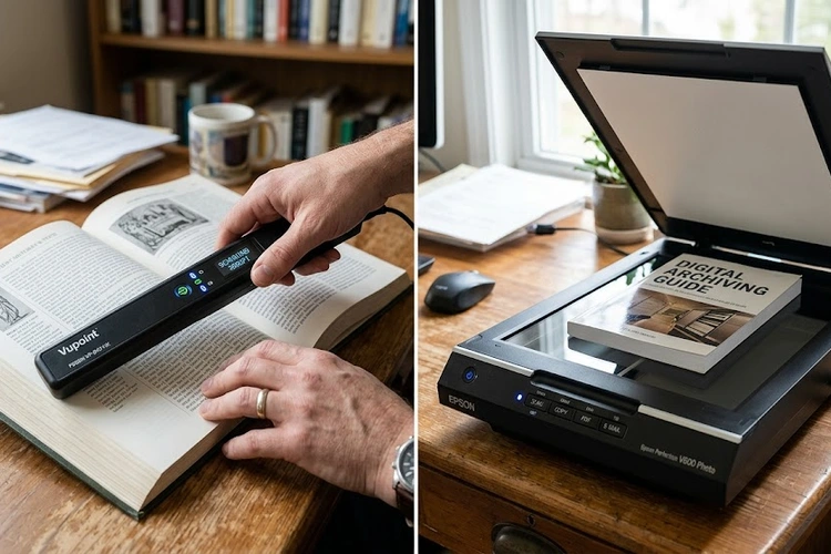 A handheld wand scanner being dragged across a page in a book on the left, and a traditional flatbed scanner with its lid open on the right, both on the same desk for a side-by-side visual comparison.