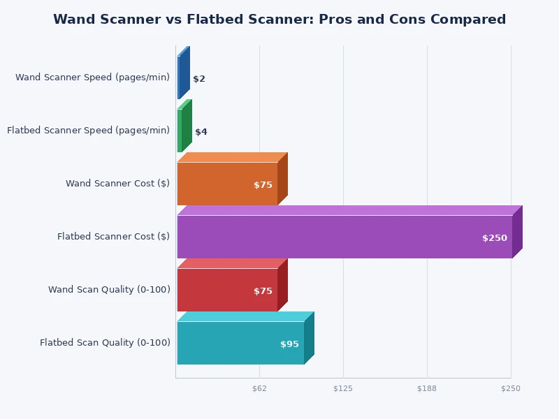Bar chart comparing wand scanner vs flatbed scanner scores across key categories like resolution, portability, and ease of use