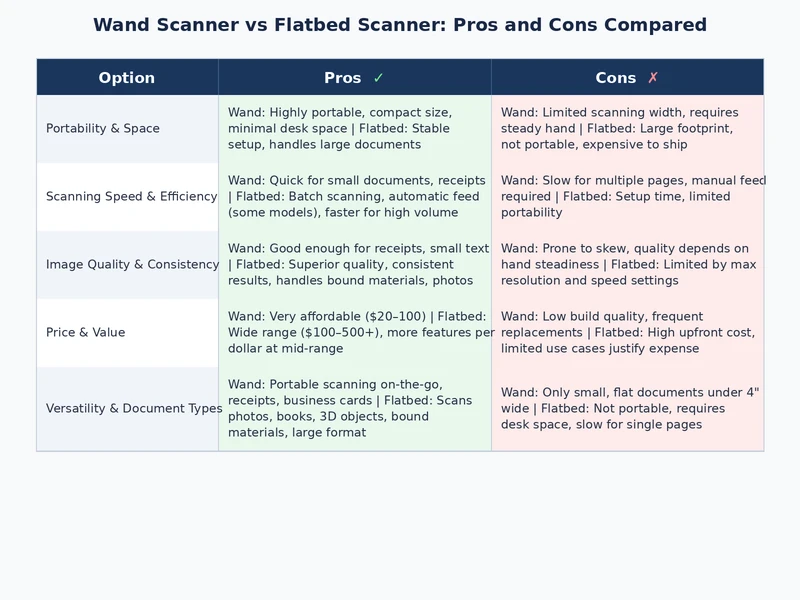 Wand scanner vs flatbed scanner detailed comparison table showing resolution, portability, price, and use cases