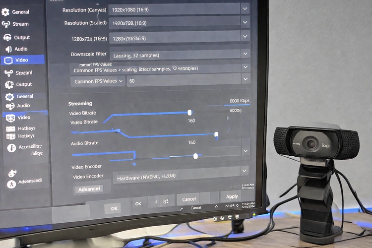 webcam video bitrate quality settings panel showing resolution and frame rate controls