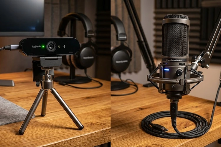 Side-by-side of a webcam with integrated mic indicator and a standalone USB condenser microphone on a desk. Studio-style lighting highlighting the audio equipment.
