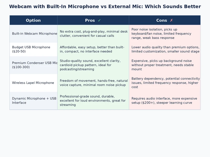 comparison chart webcam built in microphone vs external mic showing frequency response and noise rejection