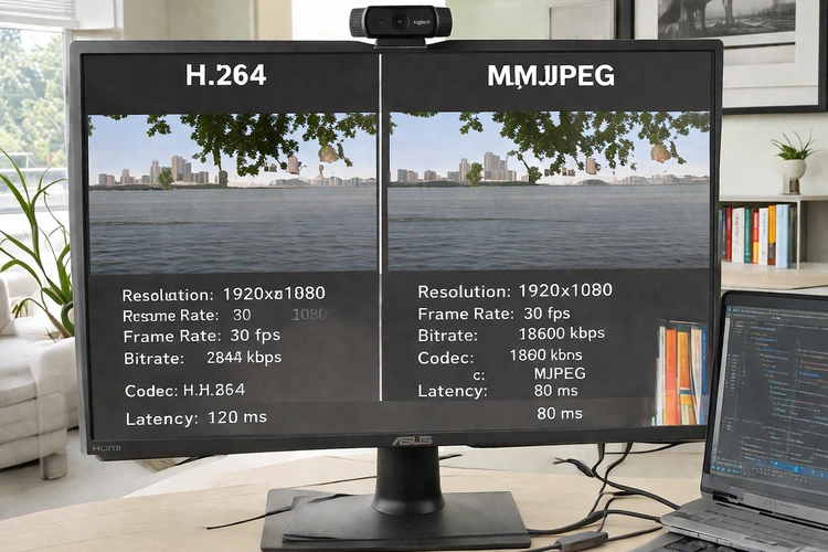 A monitor displaying two side-by-side video codec comparison panels labeled H.264 and MJPEG, with a webcam and laptop visible in a bright home office environment.