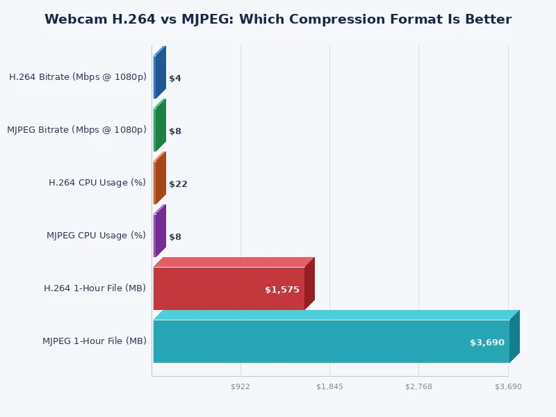 Bar chart comparing H.264 vs MJPEG CPU usage and USB bandwidth consumption