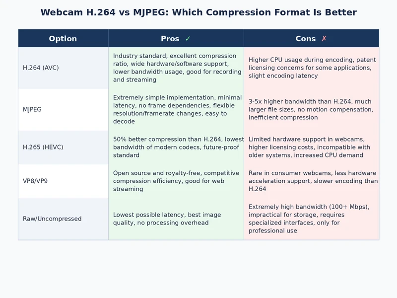 Comparison table showing H.264 vs MJPEG webcam format differences across key metrics