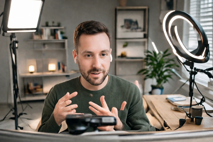 Person at desk using webcam lighting tips with ring light for video call