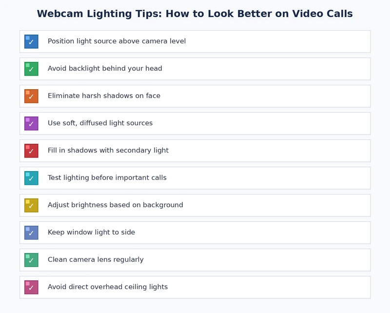 Webcam lighting setup checklist showing key tips for better video calls