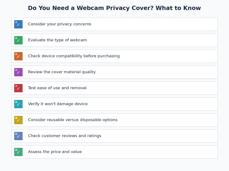 Checklist of webcam privacy cover buying considerations including thickness, adhesive type, and compatibility