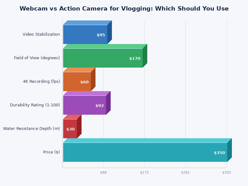 bar chart comparing webcam vs action camera scores across key vlogging criteria
