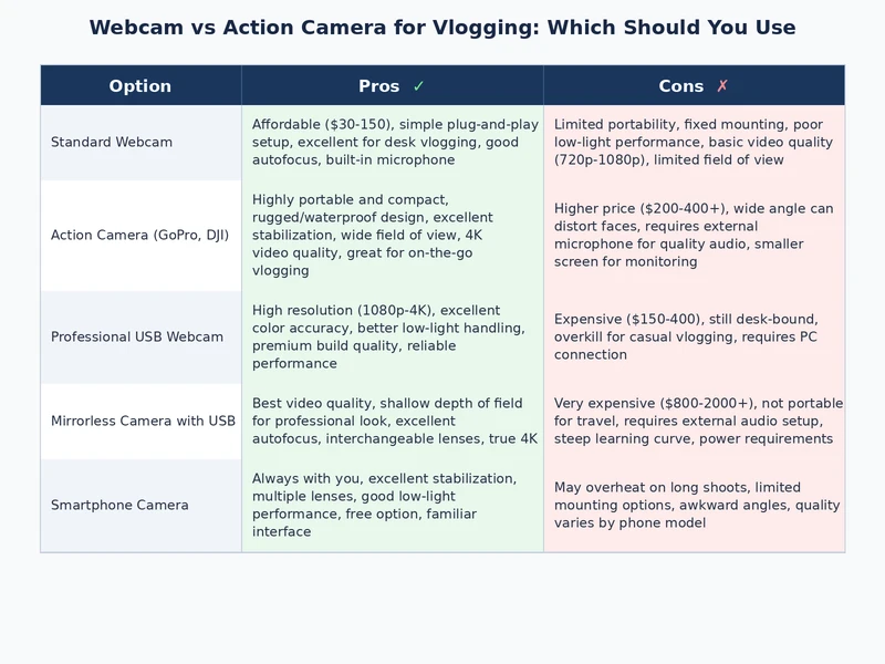 comparison table image showing webcam vs action camera vlogging specs side by side