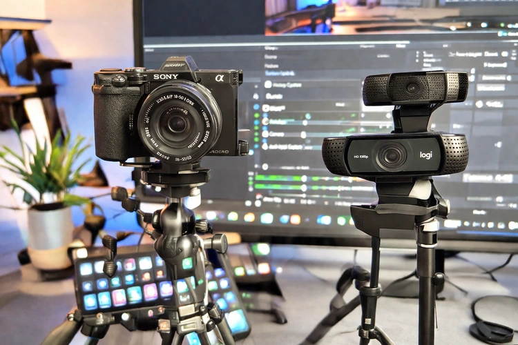 Webcam vs mirrorless camera streaming setup on a desk