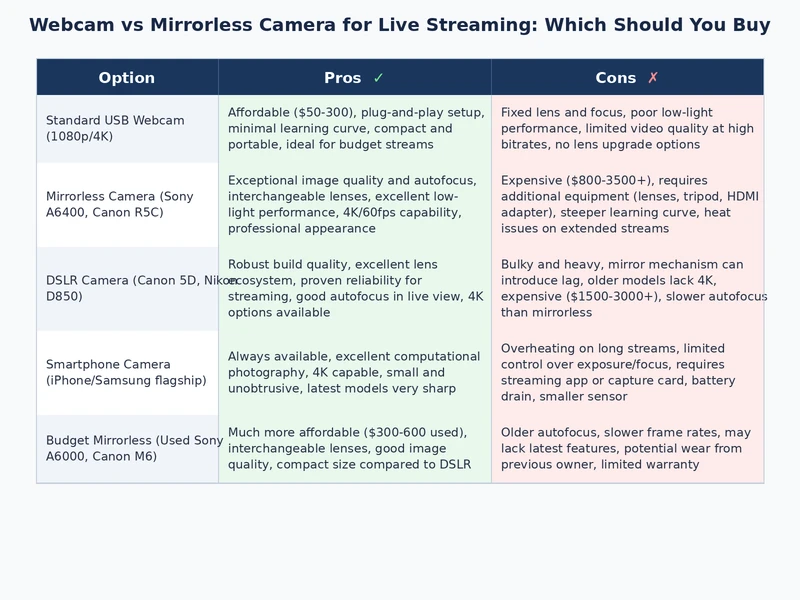 Webcam vs mirrorless camera streaming feature comparison table graphic