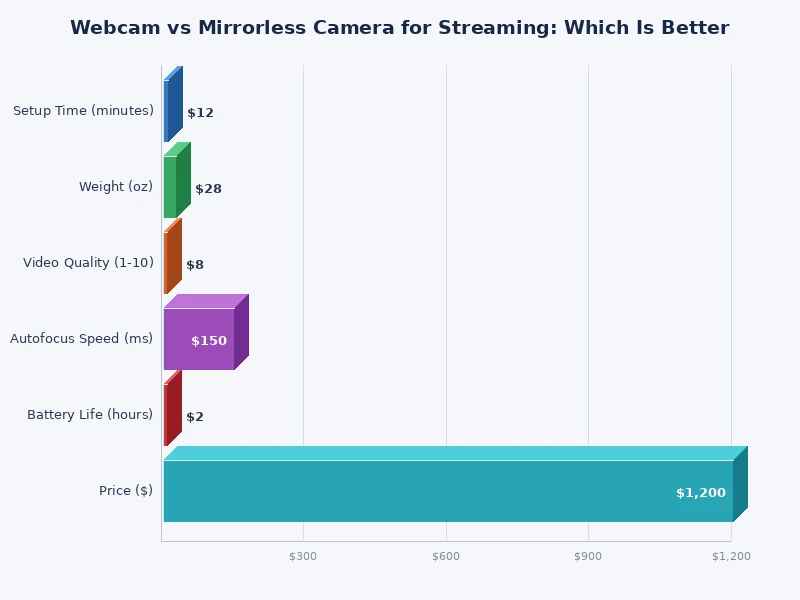 bar chart comparing webcam vs mirrorless camera performance scores across streaming criteria