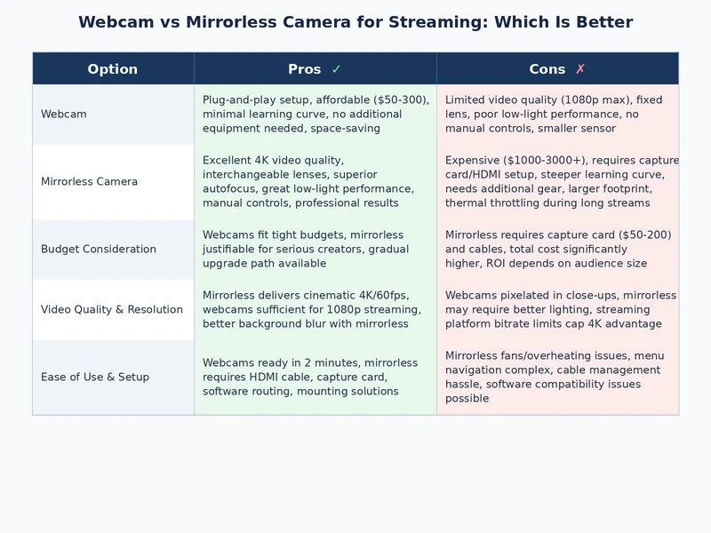 webcam vs mirrorless camera for streaming comparison table showing pros cons and use cases