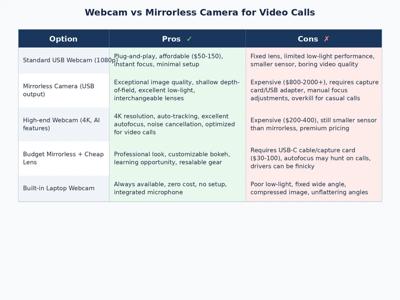 comparison diagram of webcam vs mirrorless camera setup complexity and image output for video calls