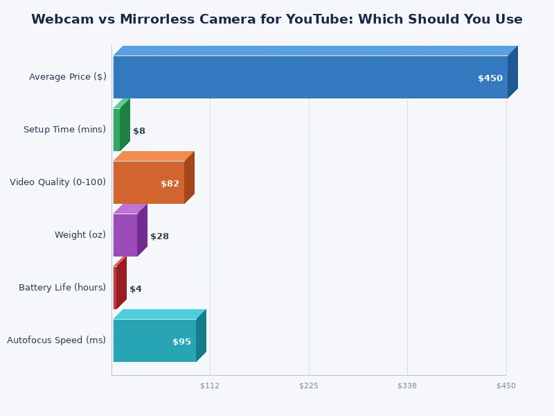 bar chart comparing webcam and mirrorless camera performance across key YouTube metrics