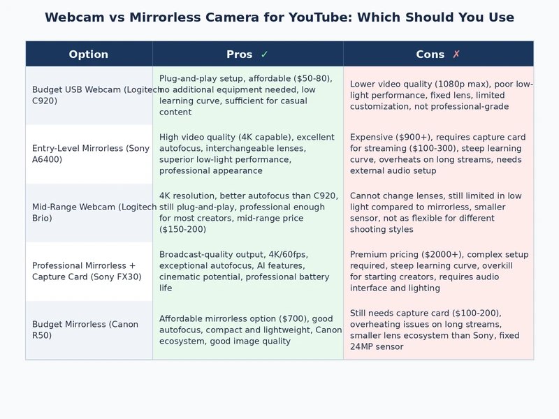 comparison table showing webcam vs mirrorless camera pros and cons for YouTube creators