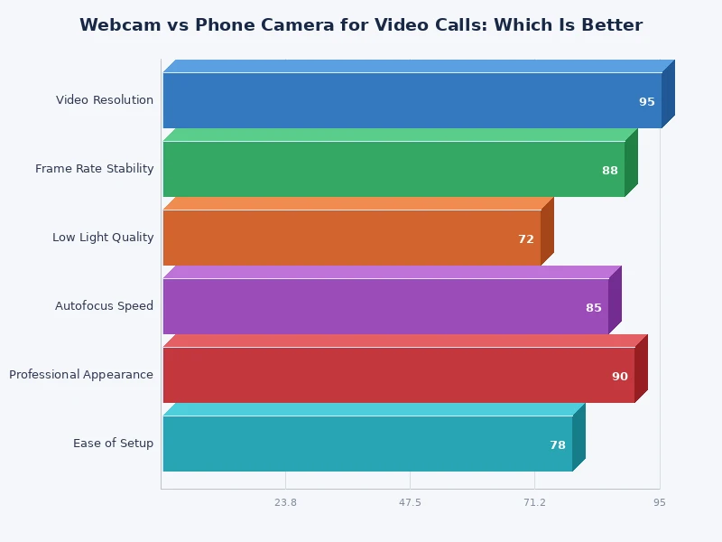 bar chart comparing webcam vs phone camera performance across video call metrics