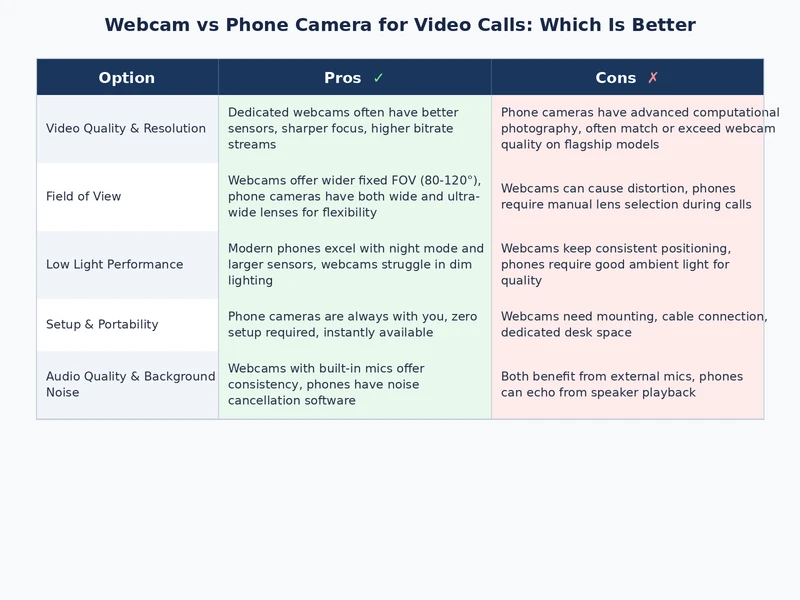comparison chart of webcam vs phone camera video call quality factors
