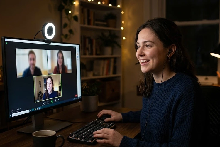 webcam with built in ring light sitting on top of a monitor during a video call