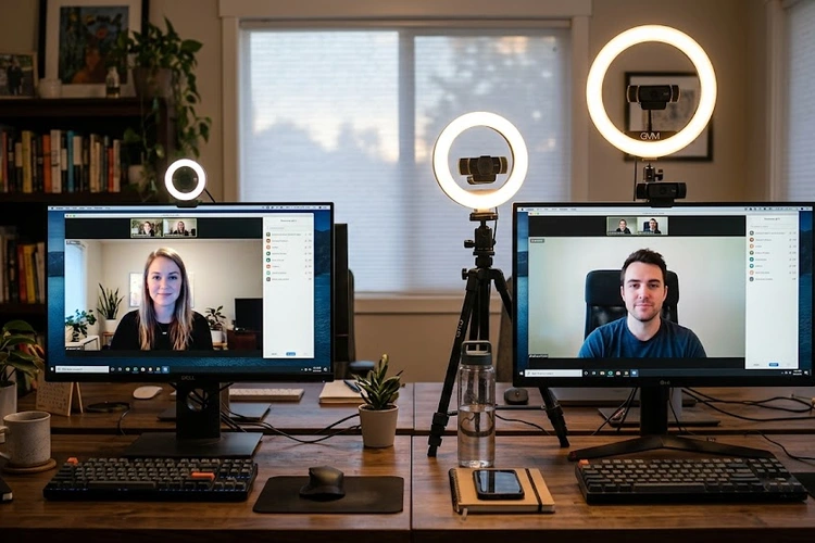 Two desk setups side by side: one with a webcam that has an integrated ring light glowing, and one with a standalone ring light positioned behind a regular webcam.