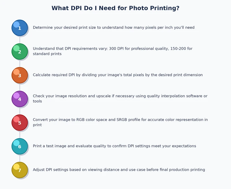 step-by-step process diagram for checking and setting the correct DPI before photo printing