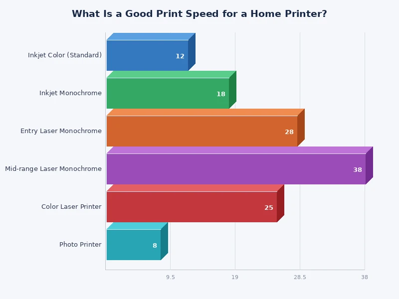 Chart comparing print speed PPM ranges for inkjet vs laser home printers