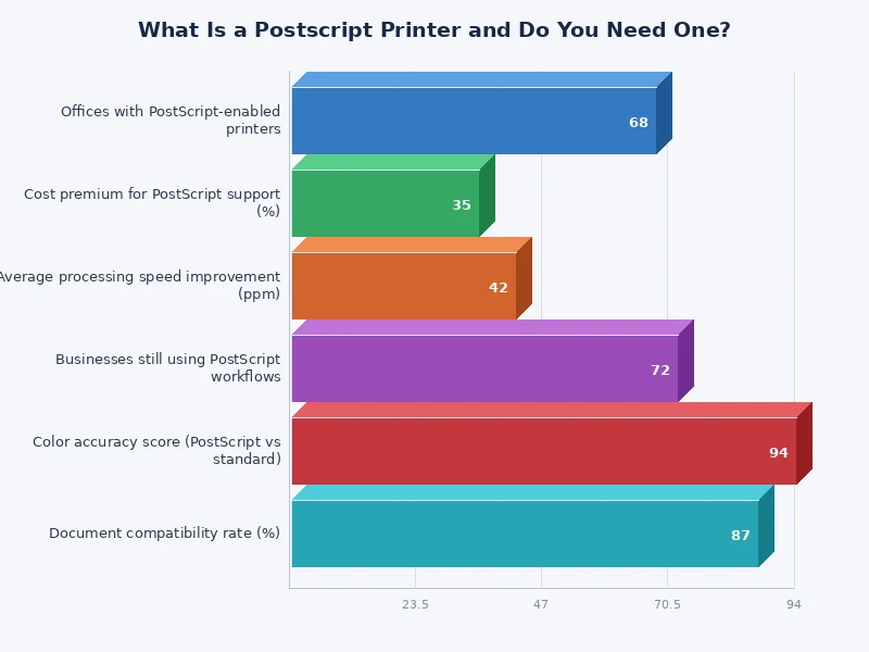 bar chart comparing PostScript vs PCL printer performance across key metrics