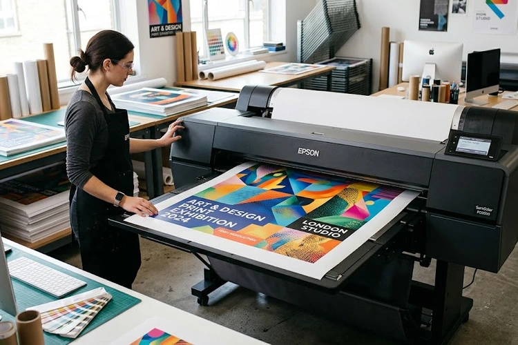 Wide format printer producing a large-scale color banner on rolled media