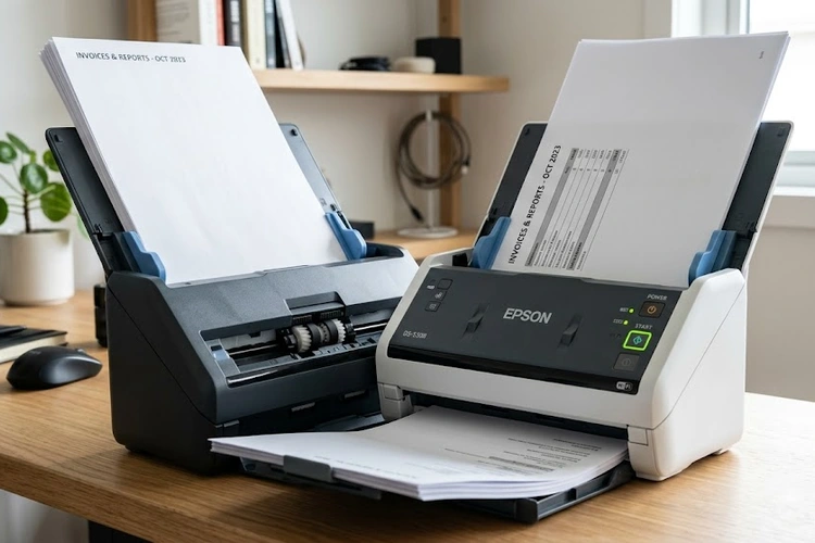 ADF scanner with automatic document feeder tray loaded with paper showing how it works