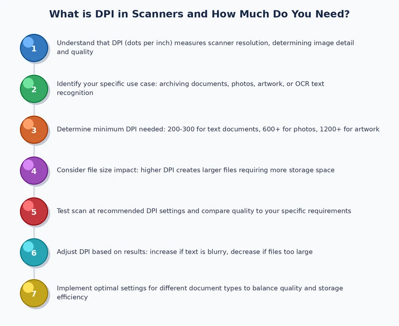 Step-by-step process diagram showing how to select the right DPI setting for different scanning tasks