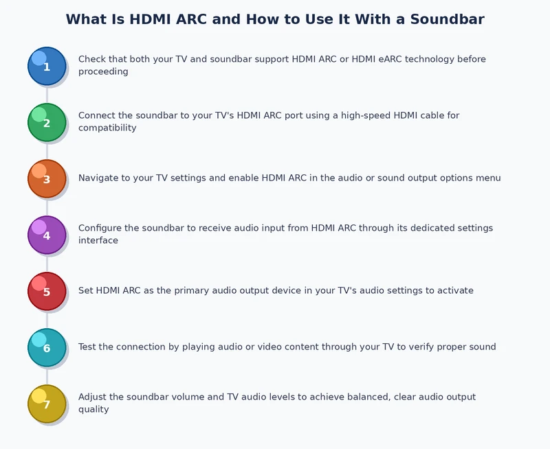 Step-by-step process diagram for setting up HDMI ARC soundbar connection
