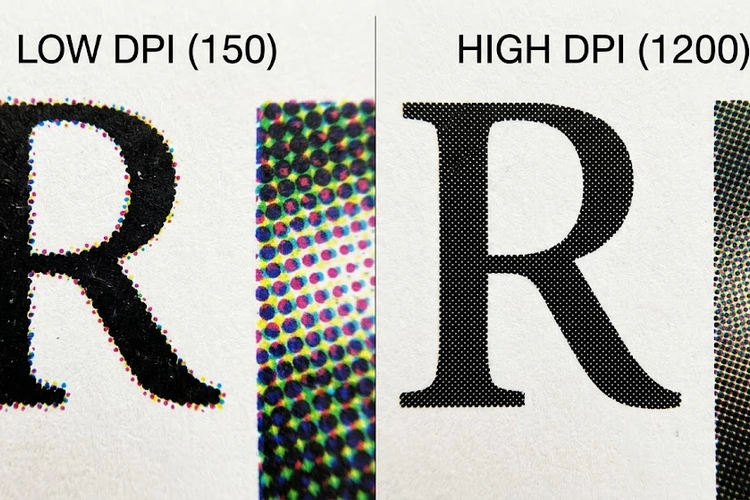Close-up comparison showing printer DPI differences in printed output quality