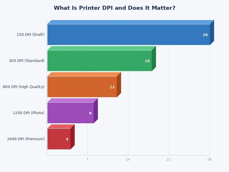Bar chart comparing DPI ranges for inkjet, laser, and photo printers