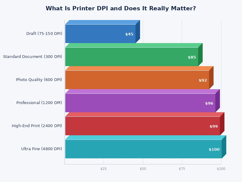 Bar chart comparing printer dpi ranges across inkjet and laser printer types