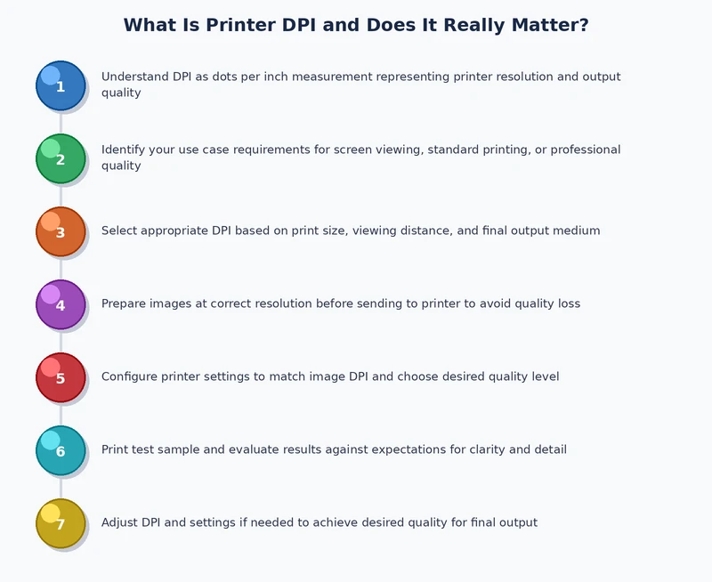 Step by step process diagram showing how printer dpi affects output from file to finished print
