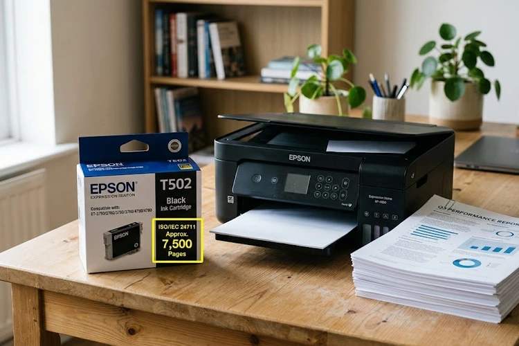 Printer page yield explained — cartridge beside printed pages showing yield rating