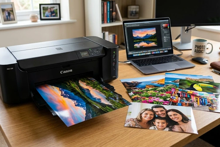 what to look for in a photo printer — close-up of a high-resolution inkjet photo printer producing a color print