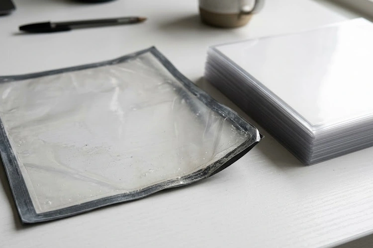 A shopper comparing two laminator boxes in an office supply store aisle, with feature labels visible on the packaging. A notepad with a checklist of laminator specs sits beside them.