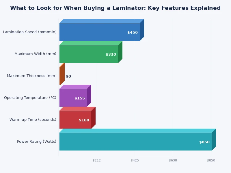 bar chart comparing laminator warm-up times and laminating speeds across budget mid-range and pro models
