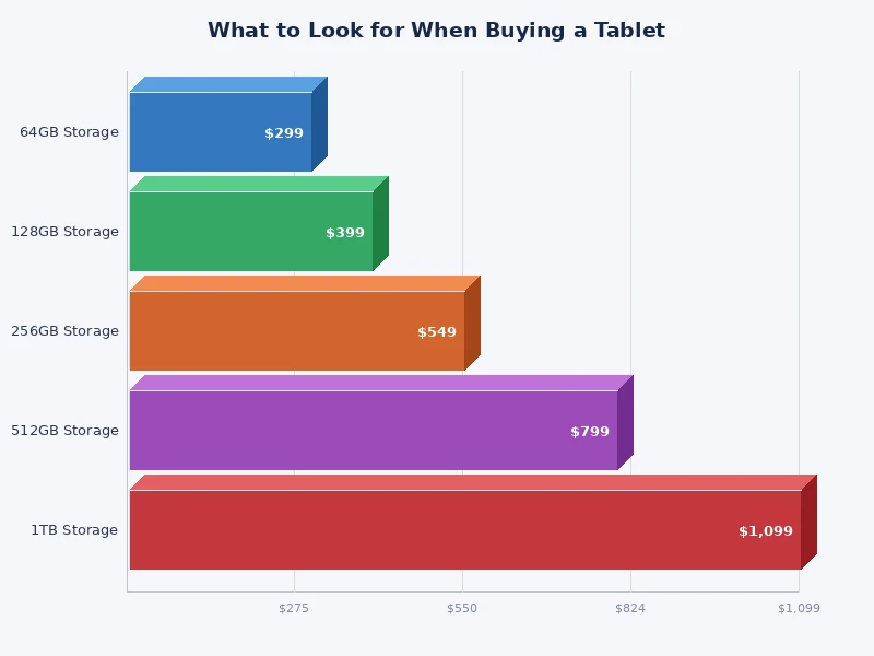 tablet buying factors comparison chart — performance, display, battery, and price tiers